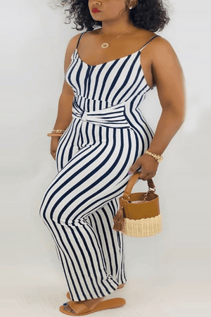 Fashion Sexy Spaghetti Strap Striped Plus Size Jumpsuit