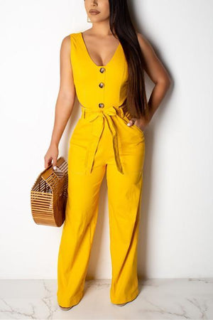 Fashion Sexy Pure Color Button Jumpsuit