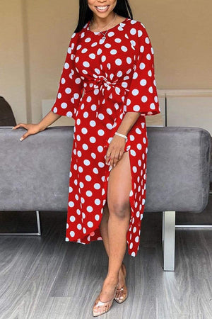 Fashion Dot Print Irregular Slit Dress