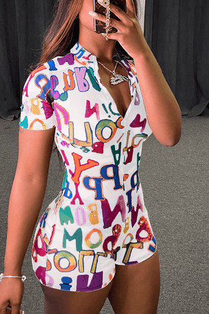 Sexy Slim Letter Print Zipper Romper