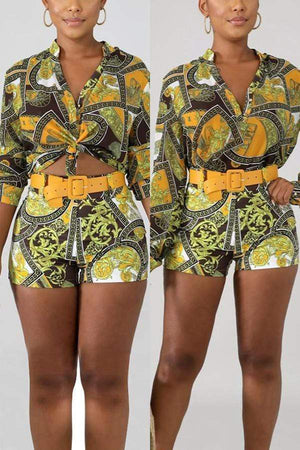 Fashion Casual Print  Shirt Set (With Belt) - VogueRegion