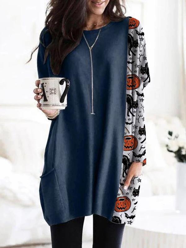 Fashion Halloween long sleeve stitching pocket dress