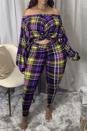 Fashion Casual Off The Shoulder Plaid Print Plus Size Set