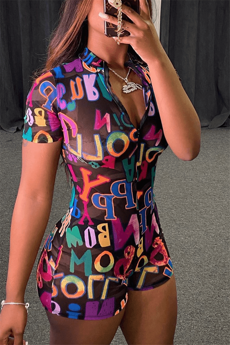 Sexy Slim Letter Print Zipper Romper