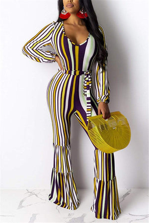 Sexy Striped Print Long Sleeve Jumpsuit