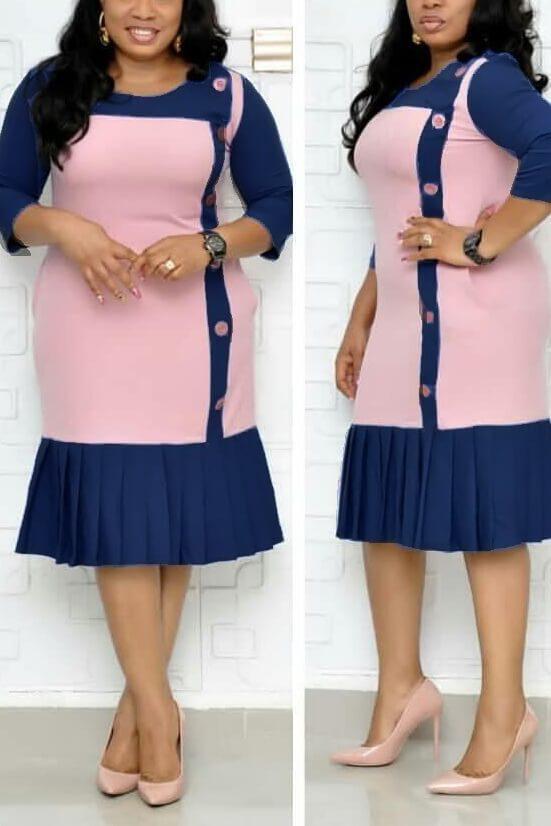 Large Size Color Button Pleated Commuter Dress