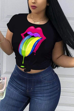 Casual Lip Print Short Sleeve T-Shirt