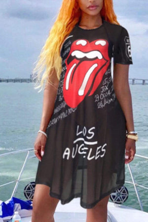 Fashion Gauze Lip Print Dress