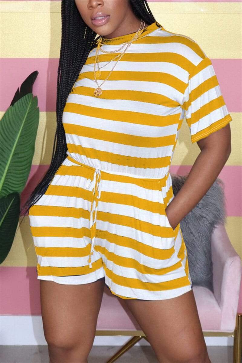 Casual Striped Printed Short Sleeved Romper