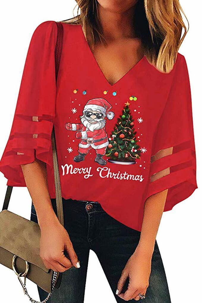 Santa Printed V-neck Top