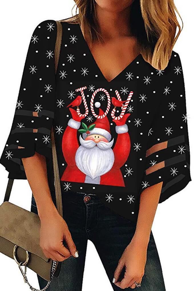 Santa Printed V-neck Top