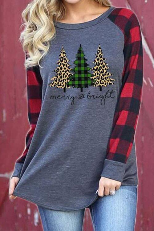 Christmas Print Plaid Stitching T-Shirt