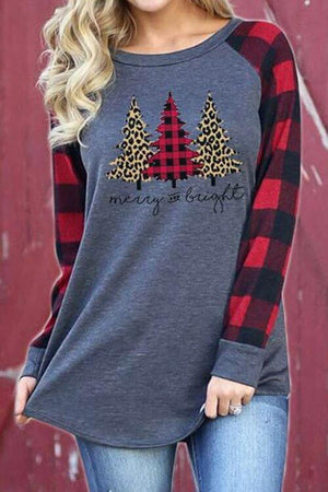 Christmas Print Plaid Stitching T-Shirt