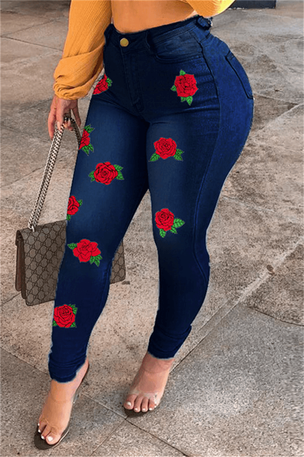 Fashion Casual Rose Print Slim Jeans