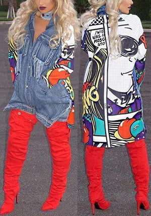 VogueRegion Trendy Turndown Collar Long Sleeves Printed Patchwork Blue Denim Long Coat - VogueRegion