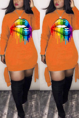 Fashion Casual Print Lips Long Sleeve Dress