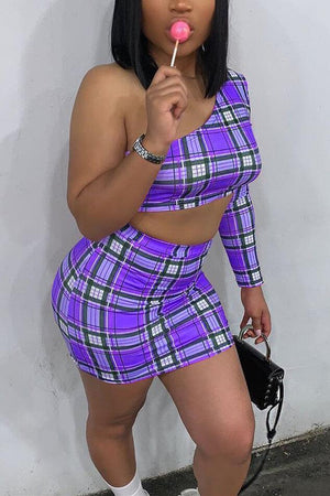 Fashion Unilateral Plaid Two-Piece Set