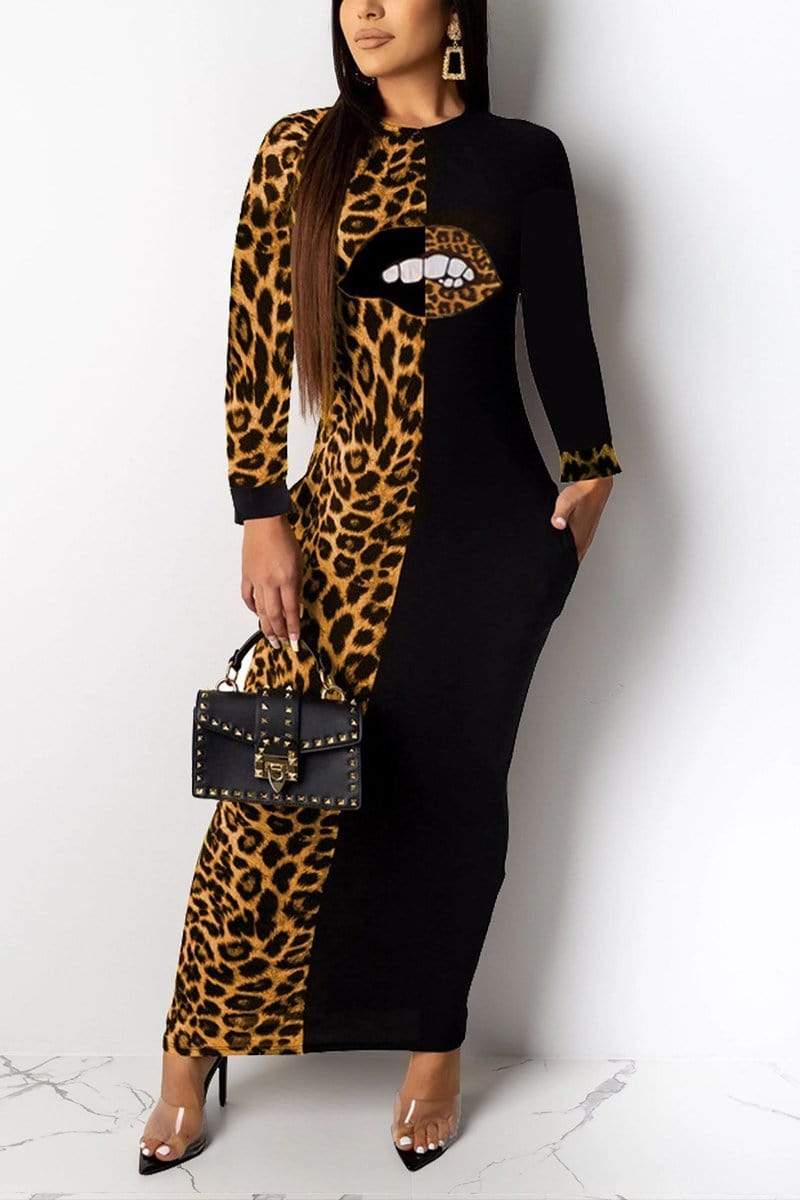 Fashion Casual Lips Print Leopard Dress