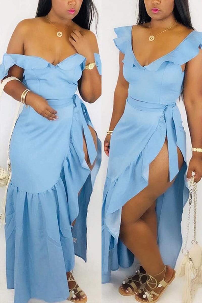 Sexy V-neck Shoulder Irregular Skirt Set