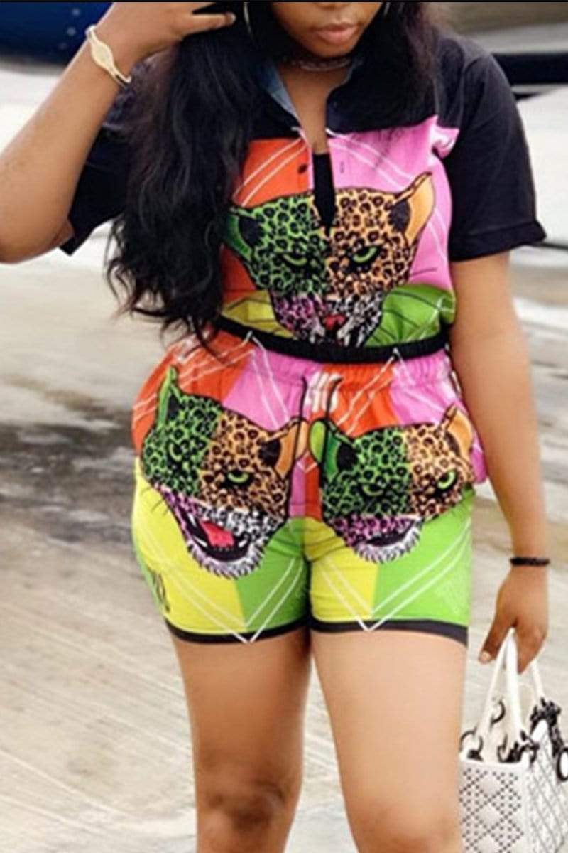 Fashion Animal Print Short Sleeve Two-pieces Set