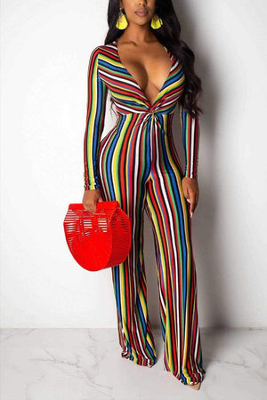 Printed Striped V-neck Long Sleeve Jumpsuit