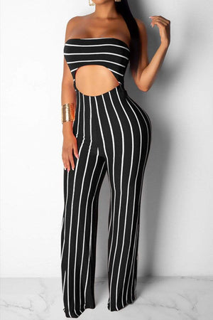 Sexy Nightclub Striped Navel Jumpsuit