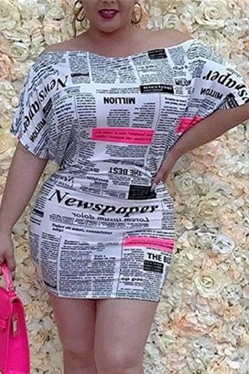 Fashion Sexy Boat-Neck Newspaper Print Dress