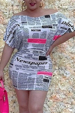 Fashion Sexy Boat-Neck Newspaper Print Dress