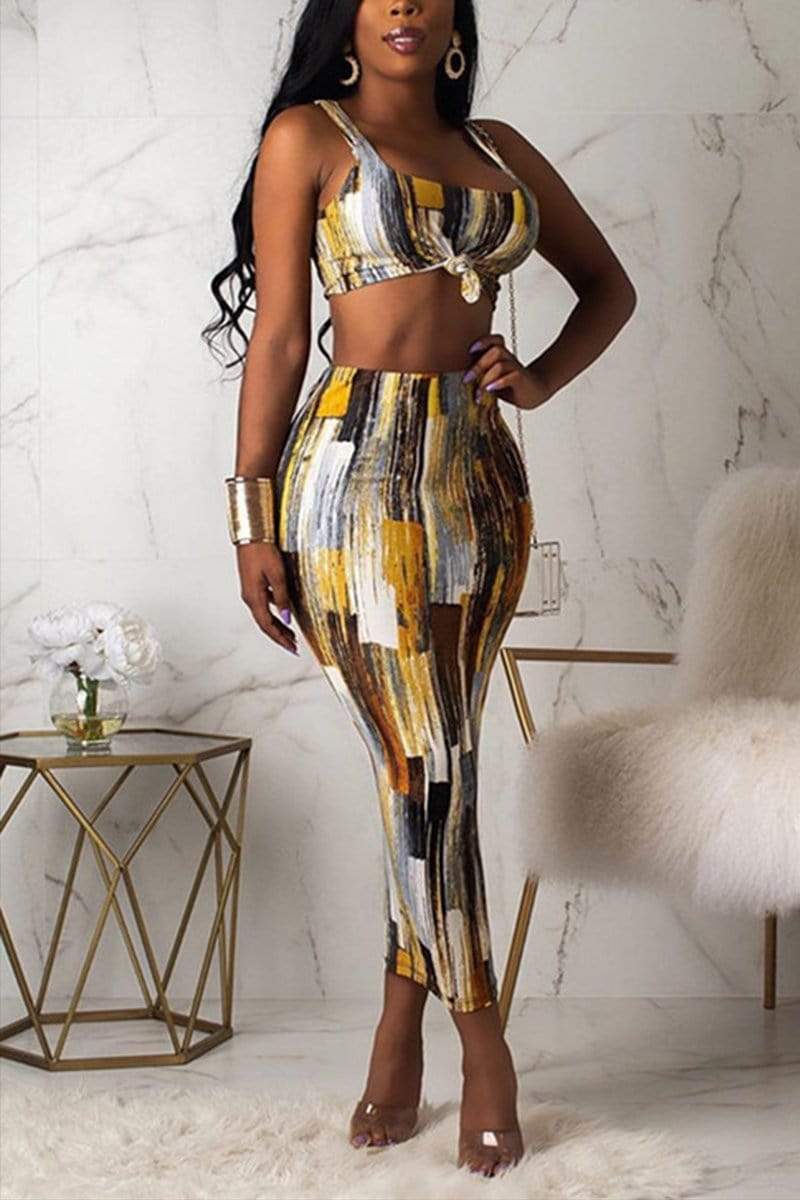 Fashion Sexy Printing Sleeveless Skirt Set