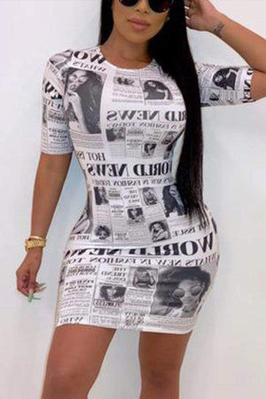 Fashion Newspaper Print Short Sleeve  Dress