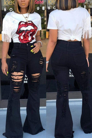 Fashion Hole Tassel Flared Pant - VogueRegion