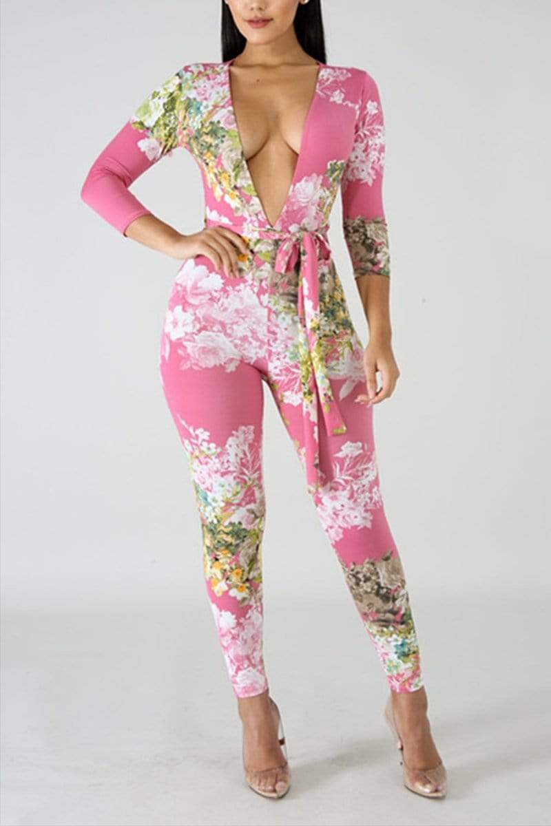 Fashion Sexy Deep V Printing Jumpsuit - VogueRegion