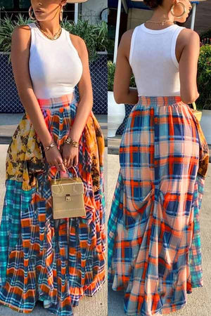 Fashion Loose Plaid Print Stitching Skirt