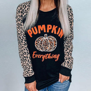 Halloween Leopard Pumpkin Print Stitching T-Shirt