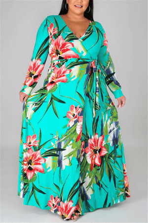 Fashion Casual Plus Size V Neck Flower Print Dress