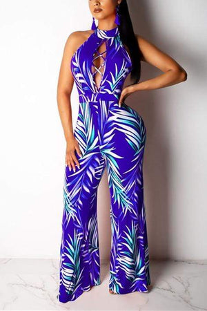 Sexy Hanging Neck Print Wide Leg Jumpsuit