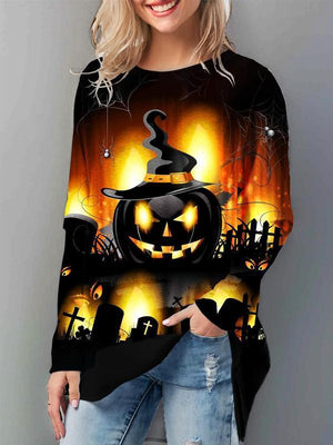 Casual Loose Halloween Round Neck Pumpkin Print T-shirt