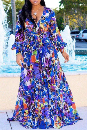 Bohemian Floral Printed Chiffon Floor Length Dress - VogueRegion