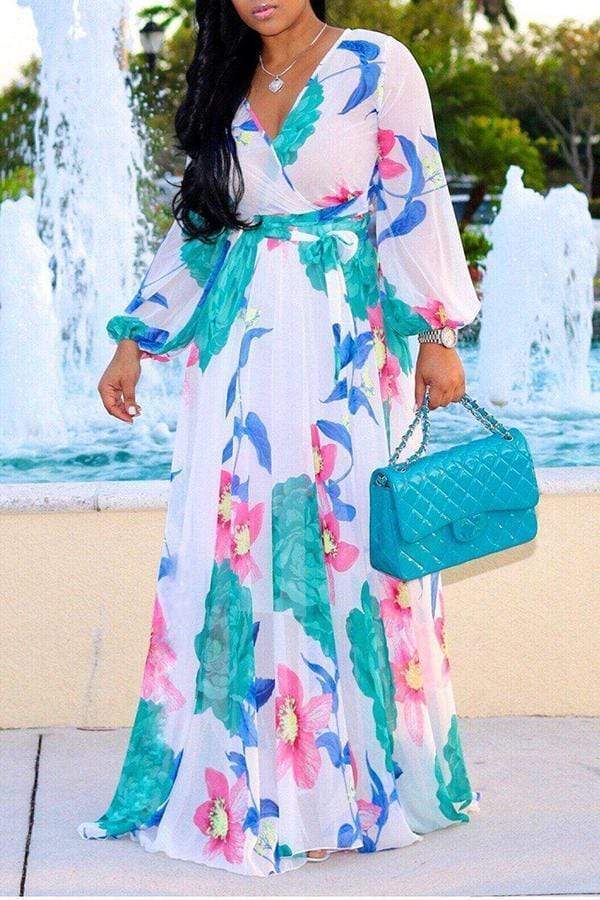 Bohemian Floral Printed Chiffon Floor Length Dress - VogueRegion