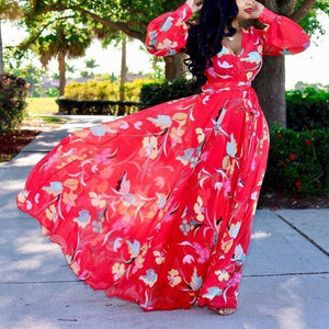Bohemian Floral Printed Chiffon Floor Length Dress - VogueRegion