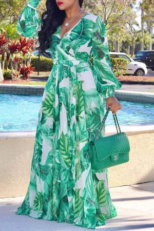 Bohemian Floral Printed Chiffon Floor Length Dress - VogueRegion