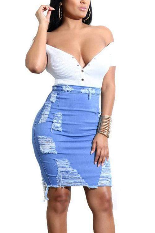 VogueRegionTrendy Broken Holes Light Sheath Denim Knee Length Skirts