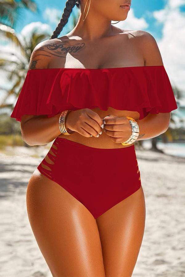 Pretty Bateau Neck Flounce Two-piece Swimwears