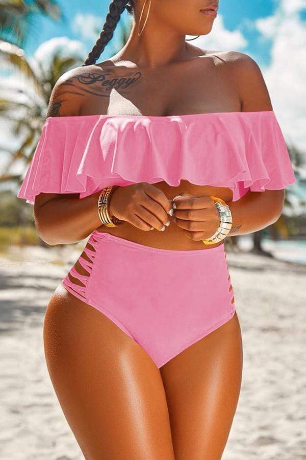 Pretty Bateau Neck Flounce Two-piece Swimwears
