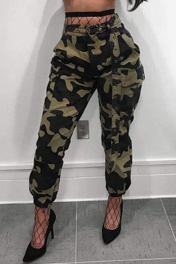 VogueRegion Casual Mid Waist Camouflage Printed Pants - VogueRegion
