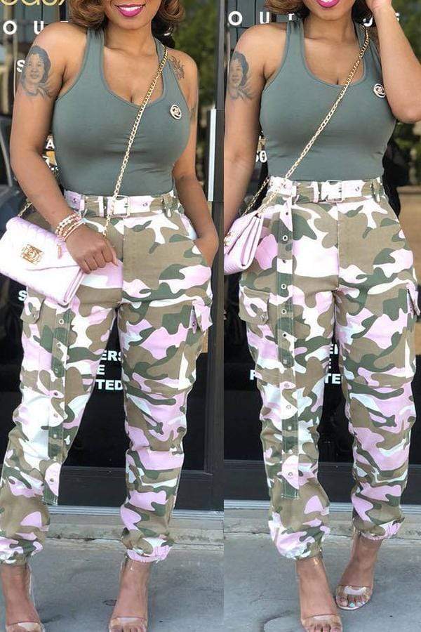 VogueRegion Casual Mid Waist Camouflage Printed Pants - VogueRegion