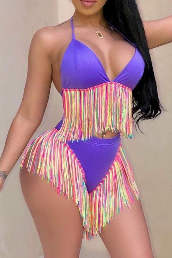 Patchwork Tassel Fringed Two-piece Swimwear