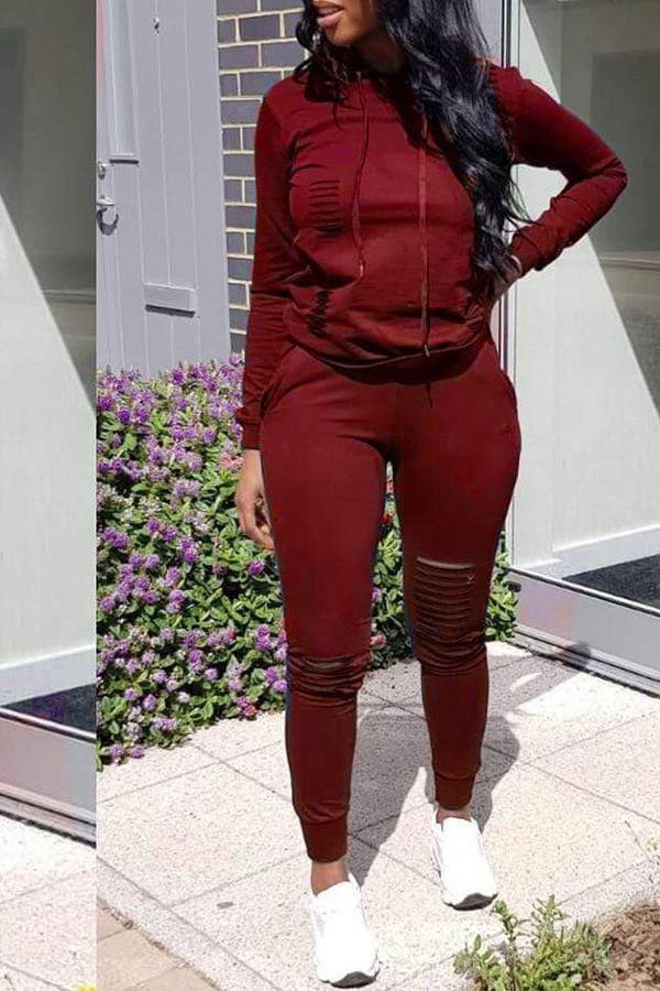 Casual Hooded Collar Broken Holes Pants Set - VogueRegion