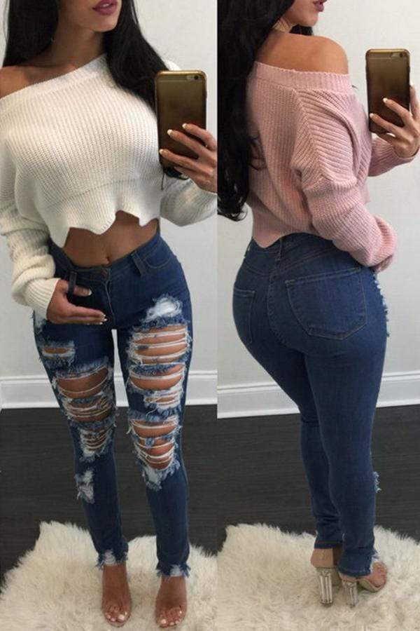 VogueRegion Casual Broken Holes Skinny Jeans - VogueRegion