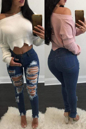 VogueRegion Casual Broken Holes Skinny Jeans - VogueRegion